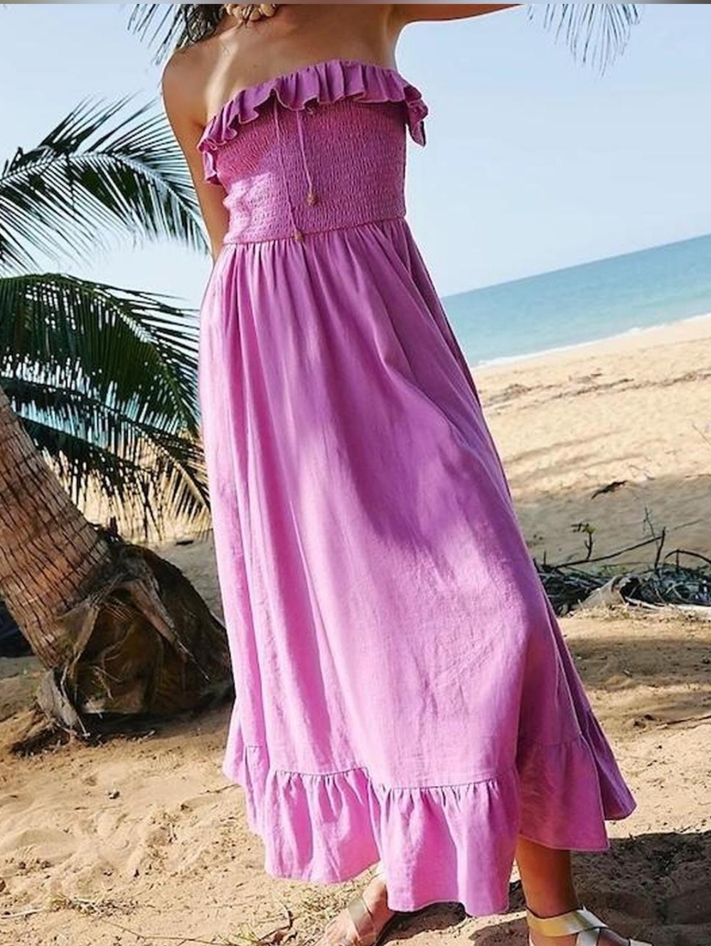 Free People Pink Strapless Ruffled Smocked Maxi Dress